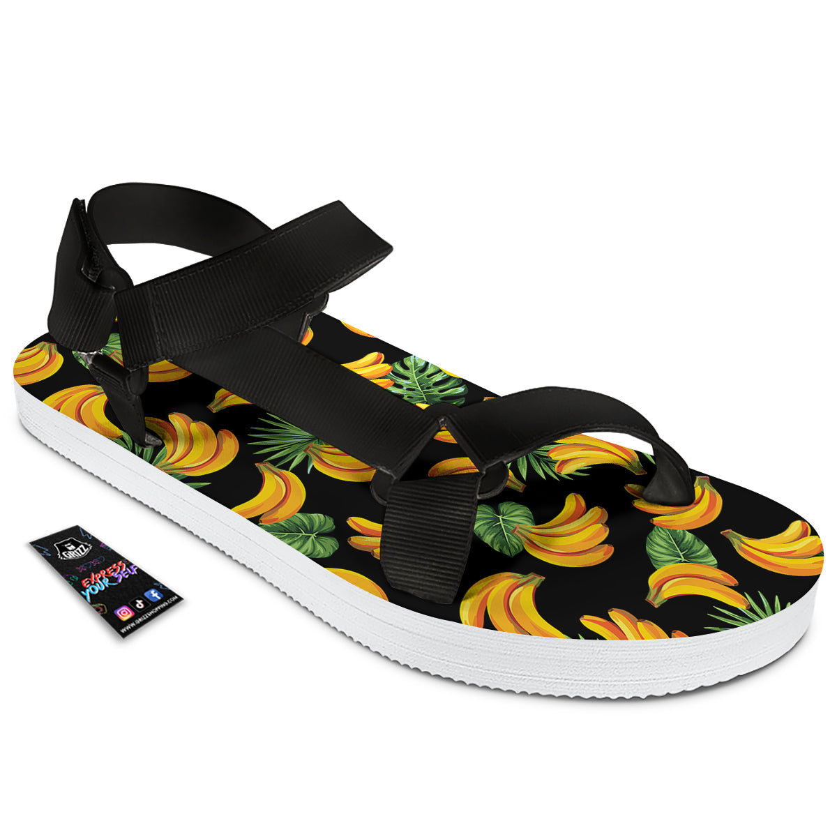 Fruit Banana Print Pattern Black Open Toe Sandals-grizzshop