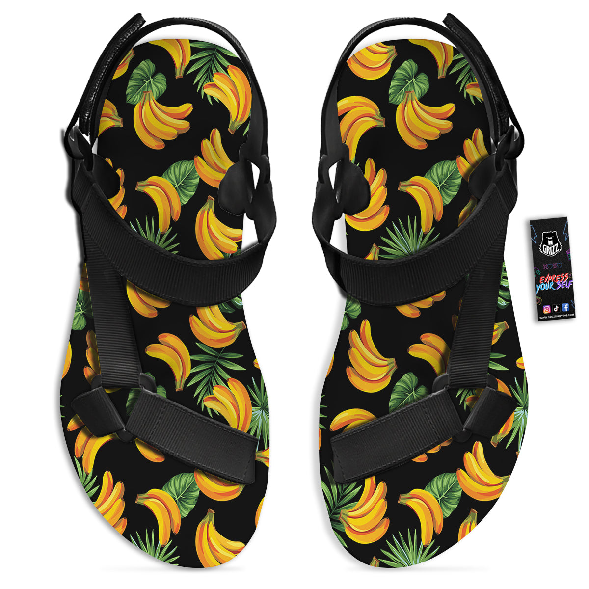 Fruit Banana Print Pattern Black Open Toe Sandals-grizzshop