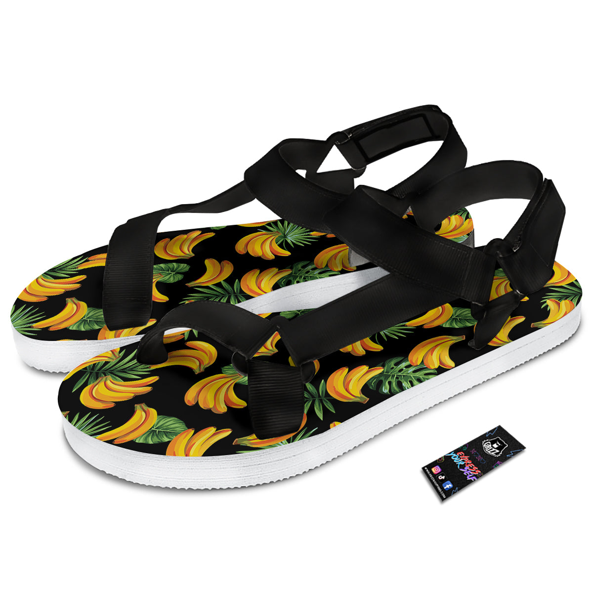 Fruit Banana Print Pattern Black Open Toe Sandals-grizzshop