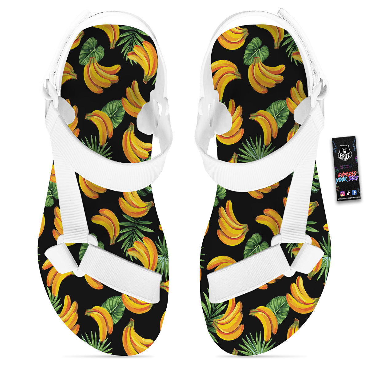 Fruit Banana Print Pattern White Open Toe Sandals-grizzshop