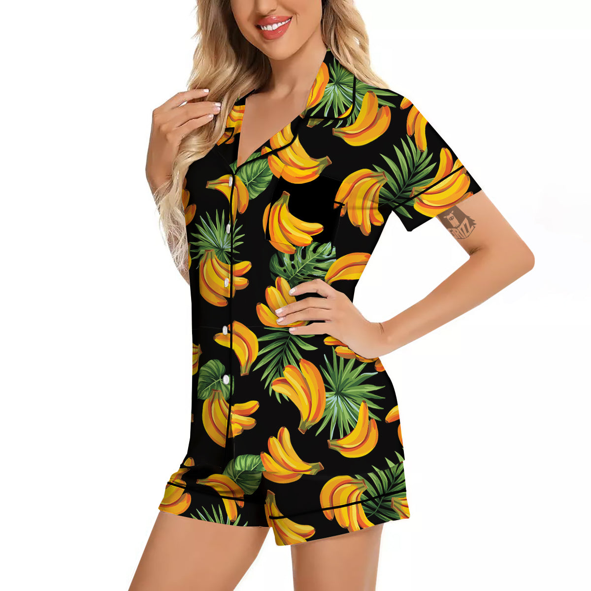 Fruit Banana Print Pattern Women Silk Pajamas-grizzshop