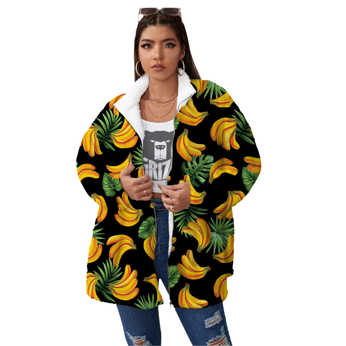 Fruit Banana Print Pattern Women's Sherpa Jacket-grizzshop