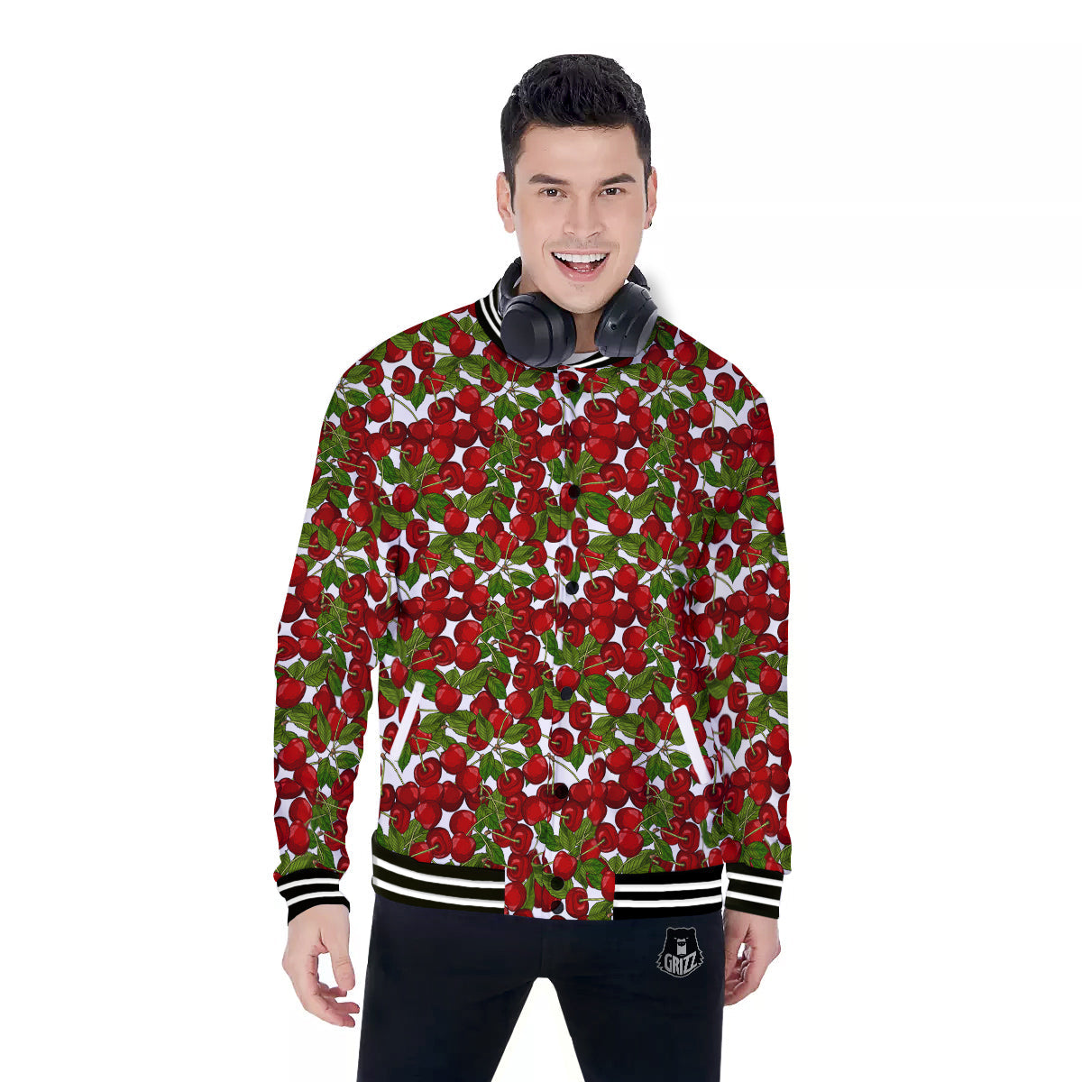 Fruit Cherry Print Pattern Baseball Jacket-grizzshop