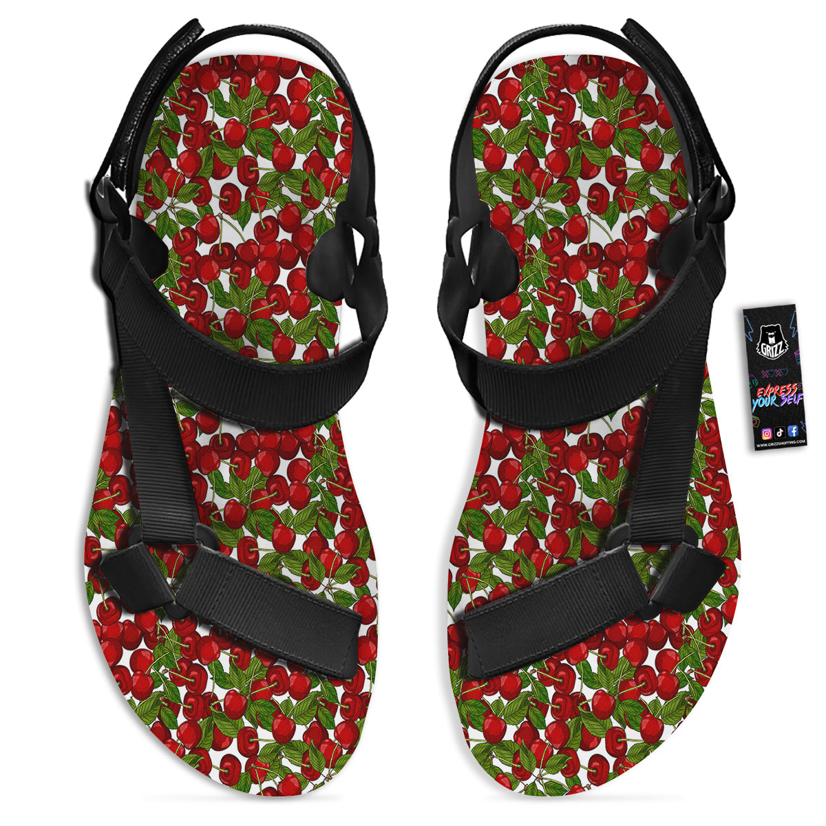 Fruit Cherry Print Pattern Black Open Toe Sandals-grizzshop