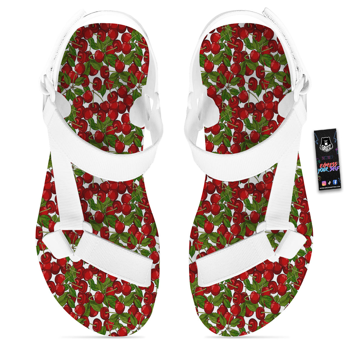 Fruit Cherry Print Pattern White Open Toe Sandals-grizzshop