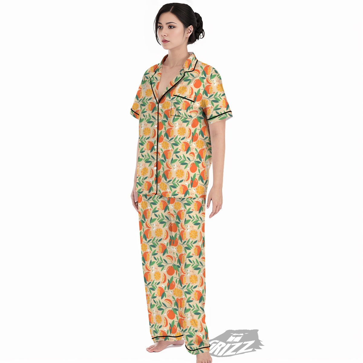 Fruit Cute Orange Print Pattern Women's Pajamas Set-grizzshop