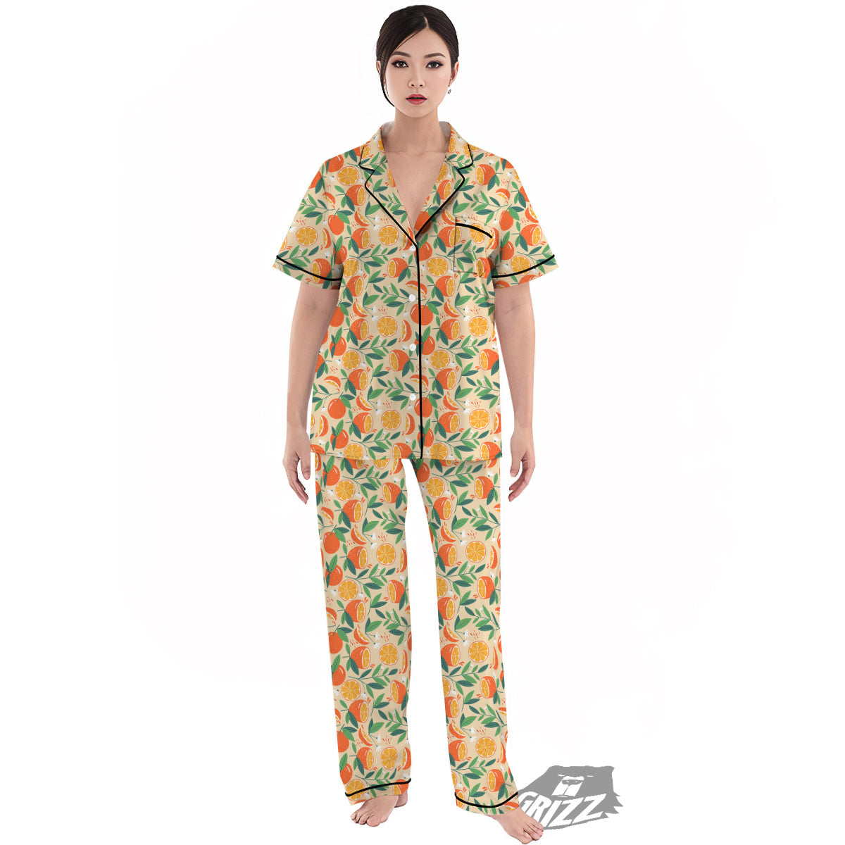 Fruit Cute Orange Print Pattern Women's Pajamas Set-grizzshop