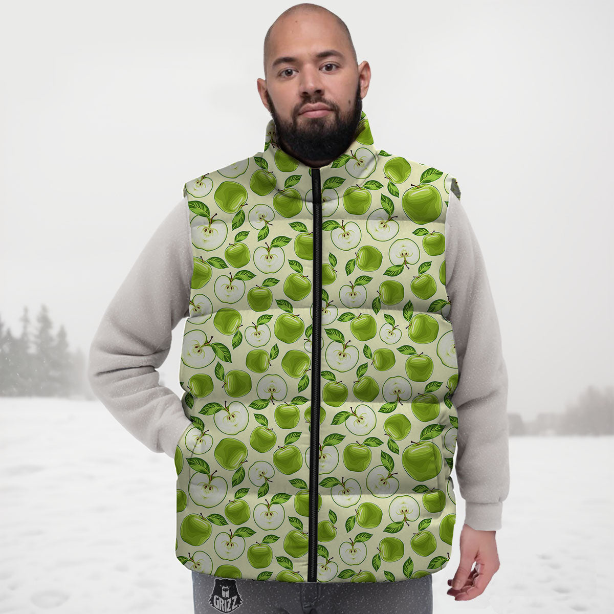Fruit Green Apple Print Pattern Down Vest-grizzshop