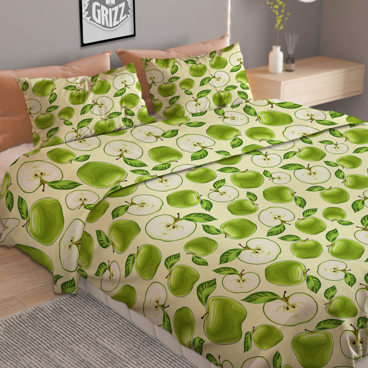 Fruit Green Apple Print Pattern Duvet Cover Bedding Set