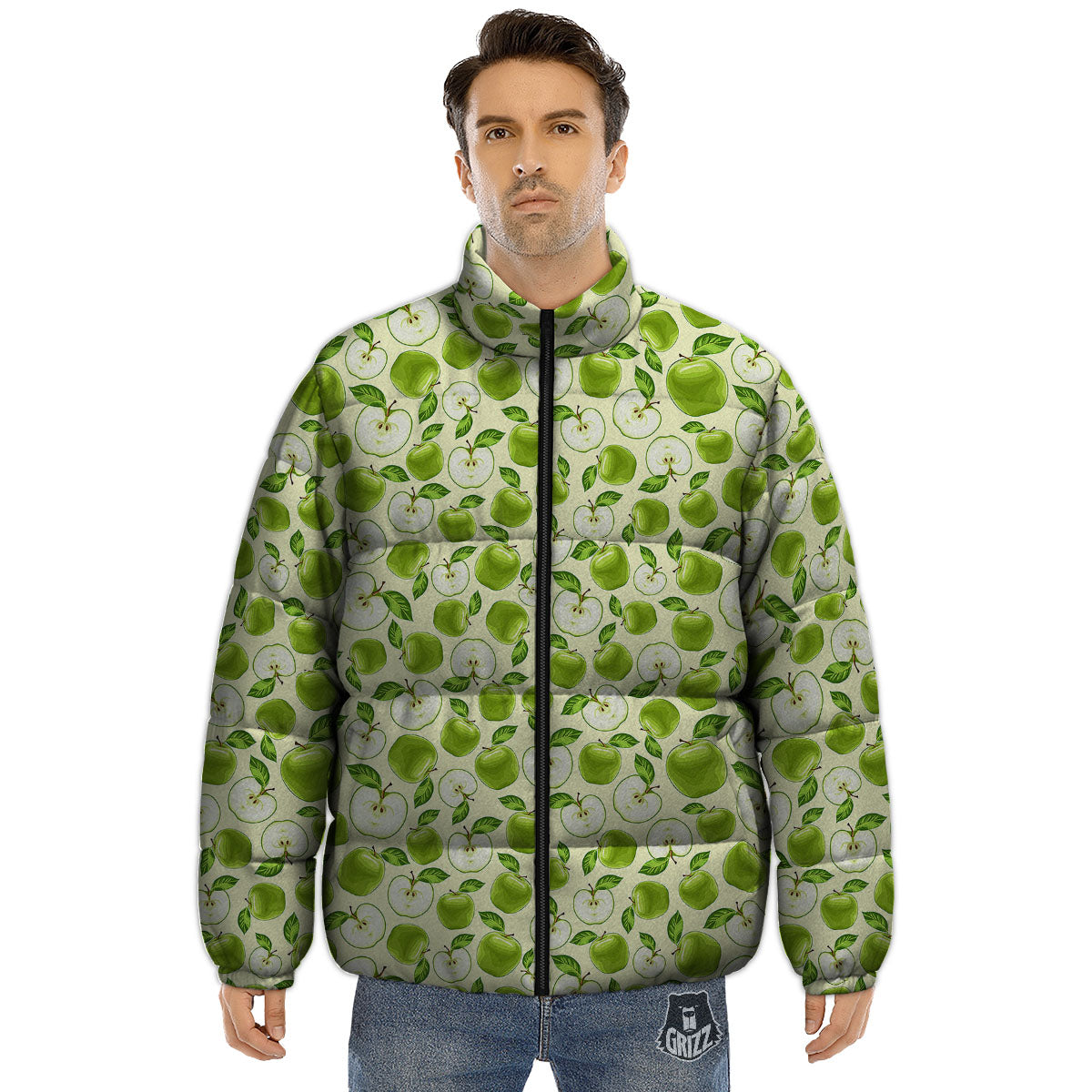 Fruit Green Apple Print Pattern Puffer Jacket-grizzshop
