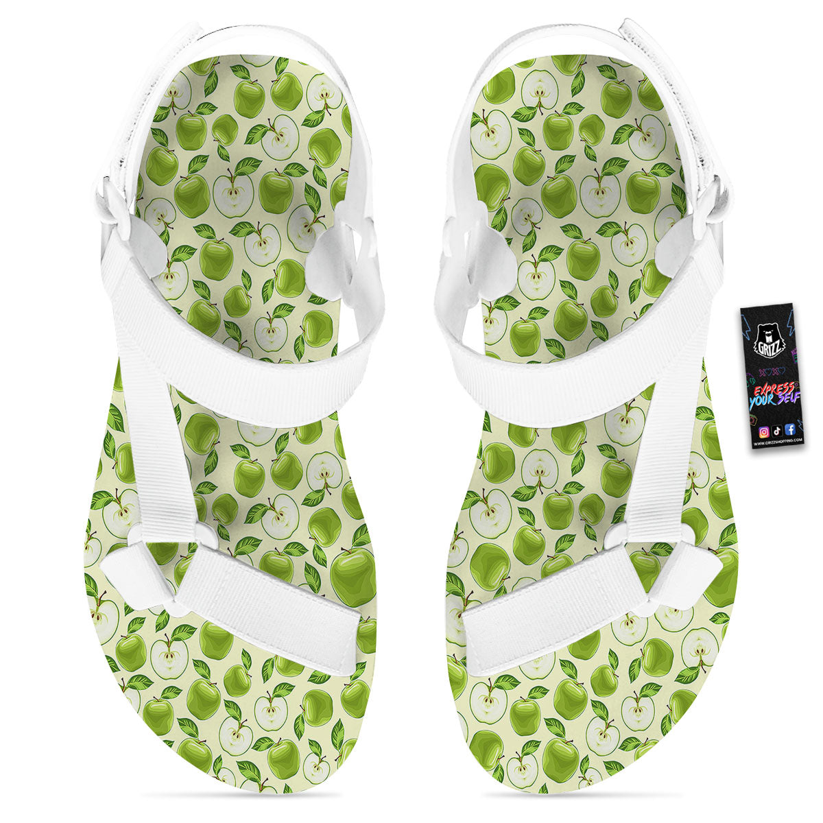Fruit Green Apple Print Pattern White Open Toe Sandals-grizzshop