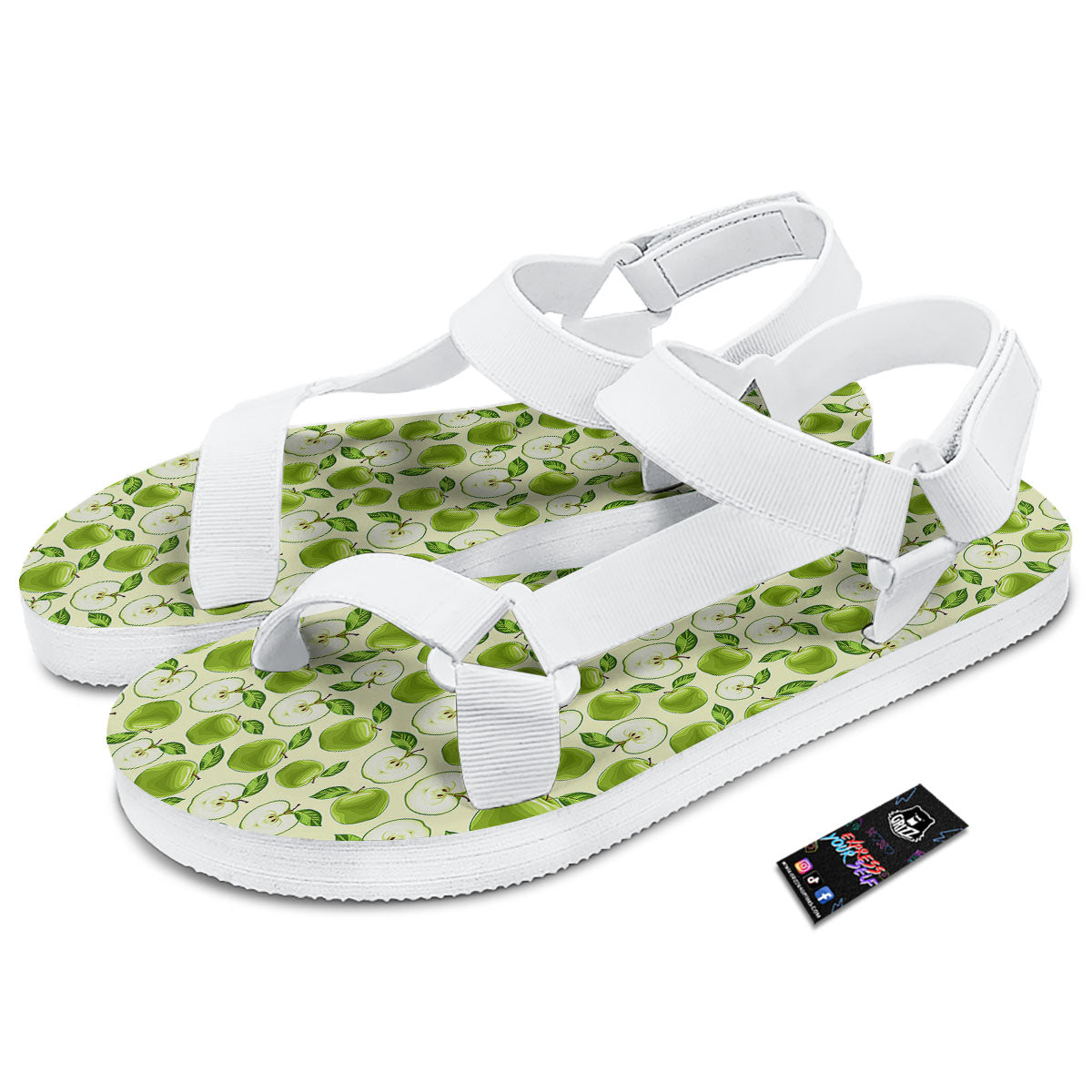 Fruit Green Apple Print Pattern White Open Toe Sandals-grizzshop