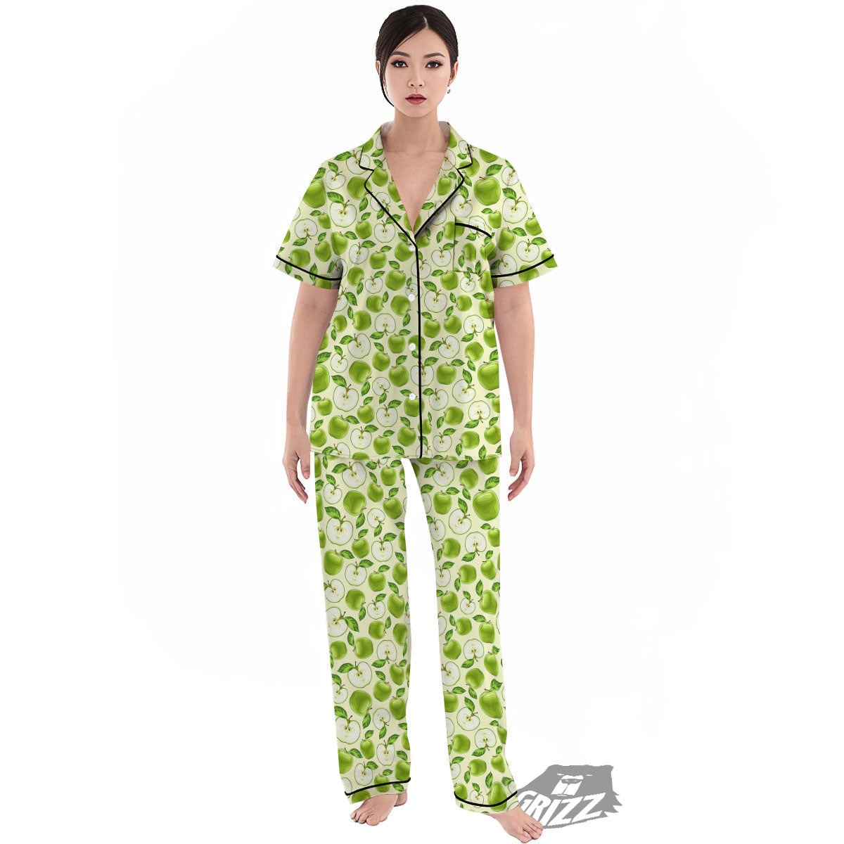 Fruit Green Apple Print Pattern Women's Pajamas Set-grizzshop