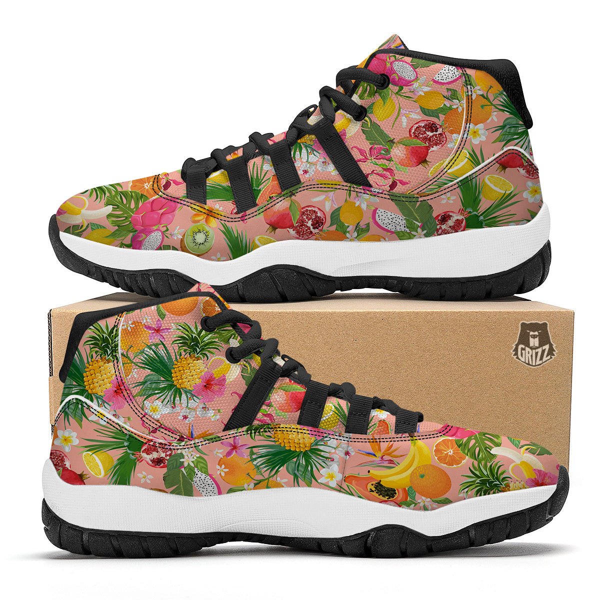 Fruit Leaf Tropical Print Pattern Black Bball Shoes-grizzshop
