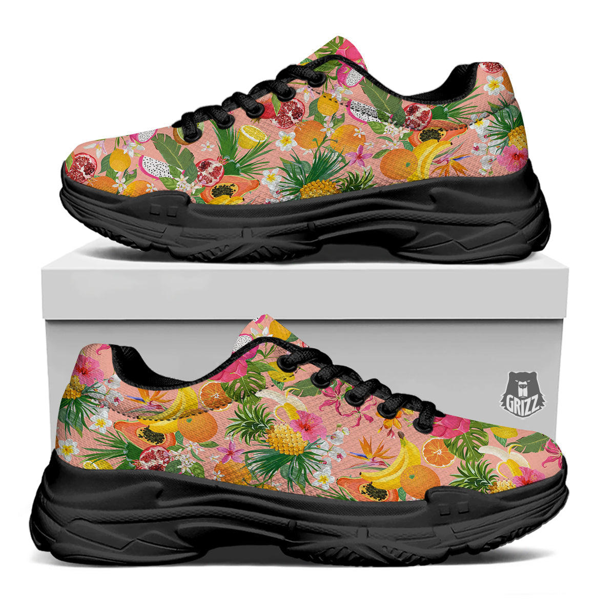 Fruit Leaf Tropical Print Pattern Black Chunky Shoes-grizzshop