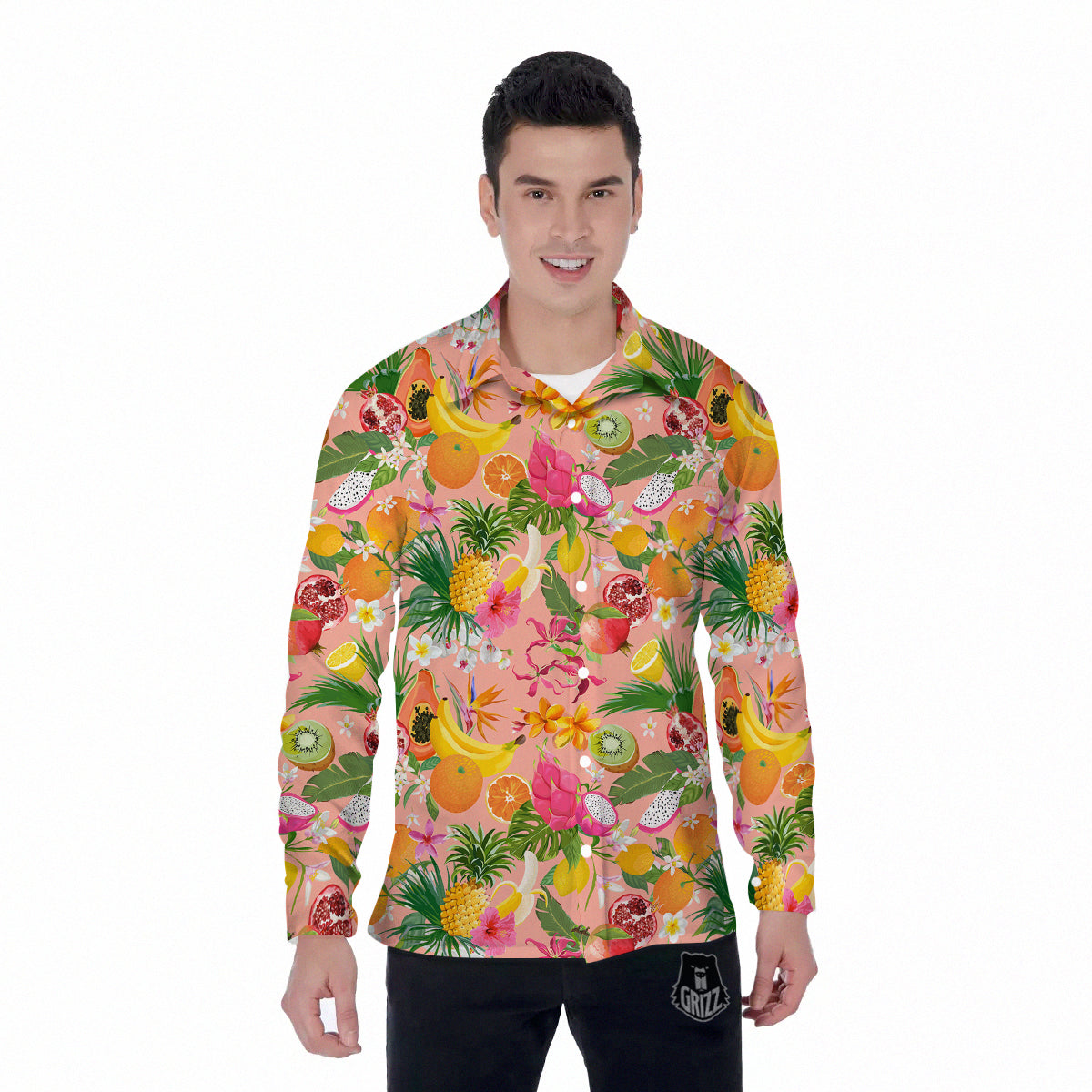 Fruit Leaf Tropical Print Pattern Men's Long Sleeve Shirts-grizzshop