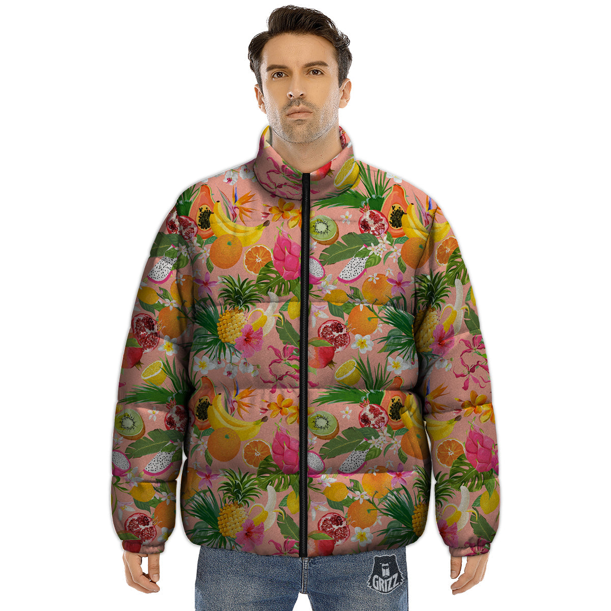 Fruit Leaf Tropical Print Pattern Puffer Jacket-grizzshop