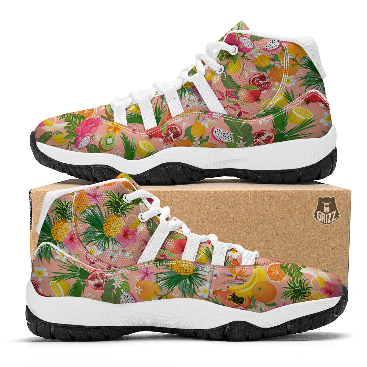 Fruit Leaf Tropical Print Pattern White Bball Shoes-grizzshop