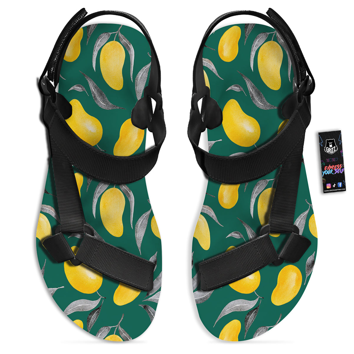 Fruit Mango Yellow Print Pattern Black Open Toe Sandals-grizzshop