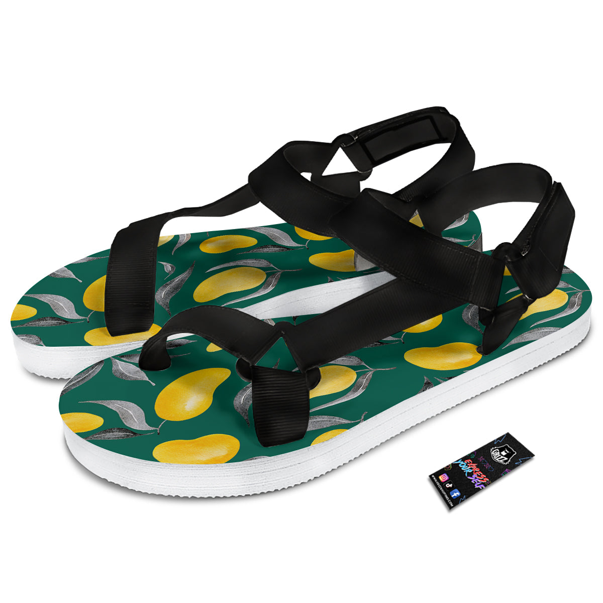 Fruit Mango Yellow Print Pattern Black Open Toe Sandals-grizzshop
