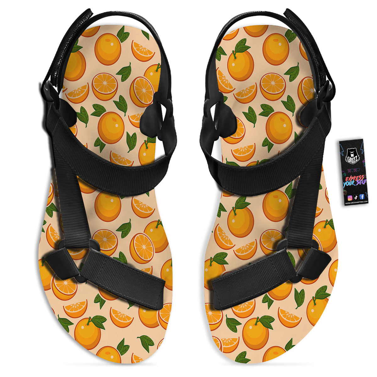 Fruit Orange Print Pattern Black Open Toe Sandals-grizzshop