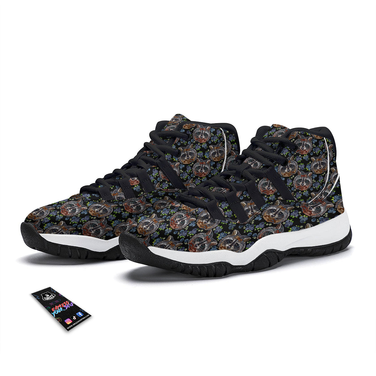 Fruit Raccoon Pattern Print Black Bball Shoes-grizzshop