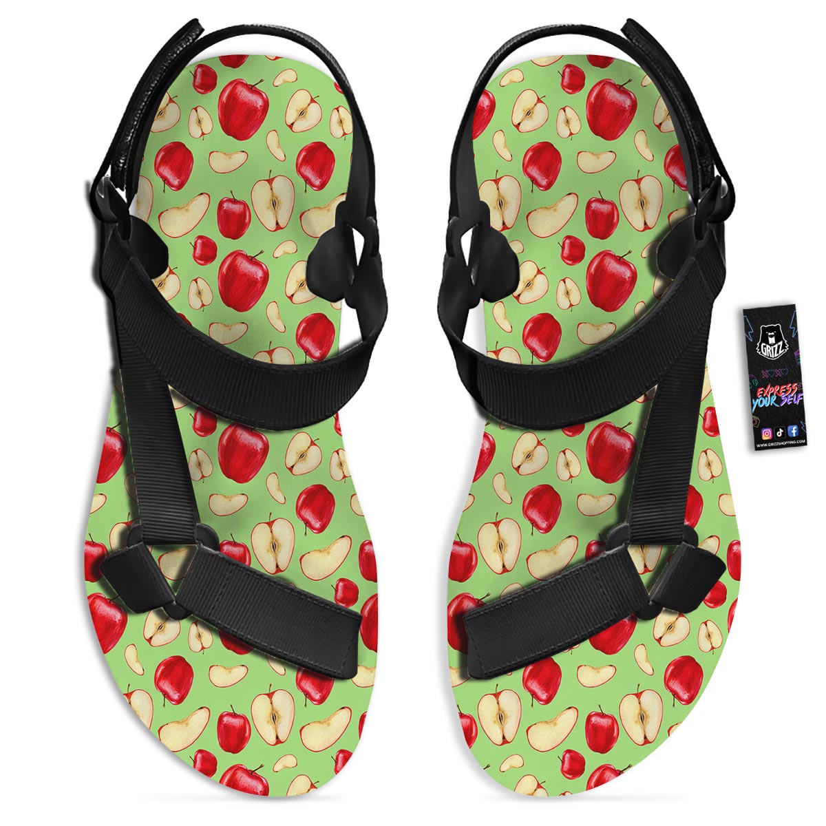 Fruit Red Apple Print Pattern Black Open Toe Sandals-grizzshop