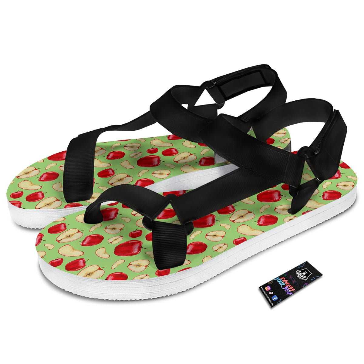 Fruit Red Apple Print Pattern Black Open Toe Sandals-grizzshop