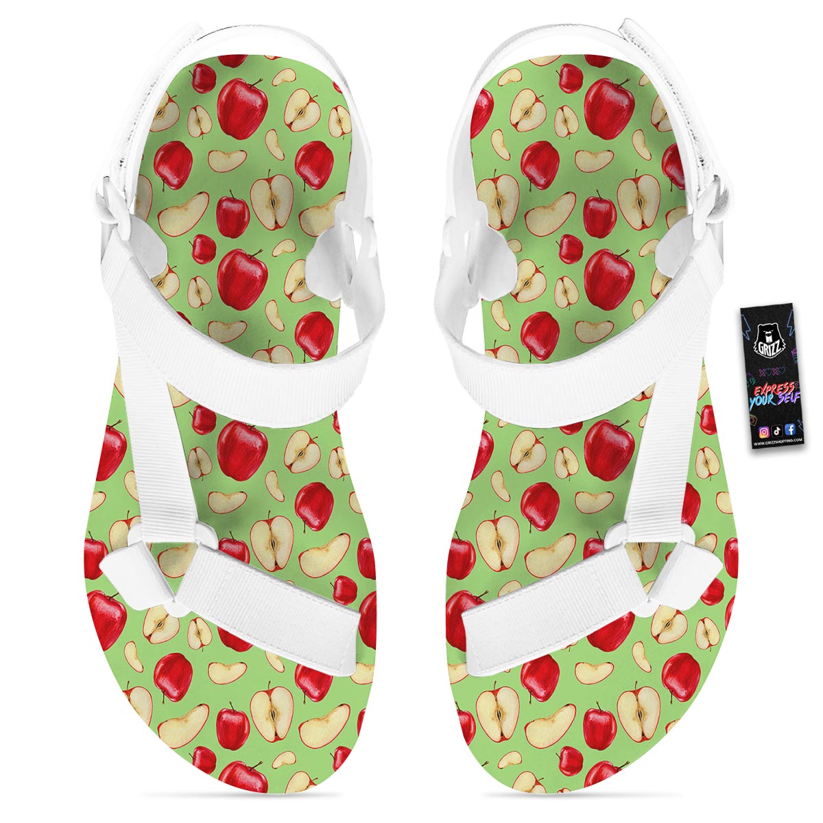 Fruit Red Apple Print Pattern White Open Toe Sandals-grizzshop