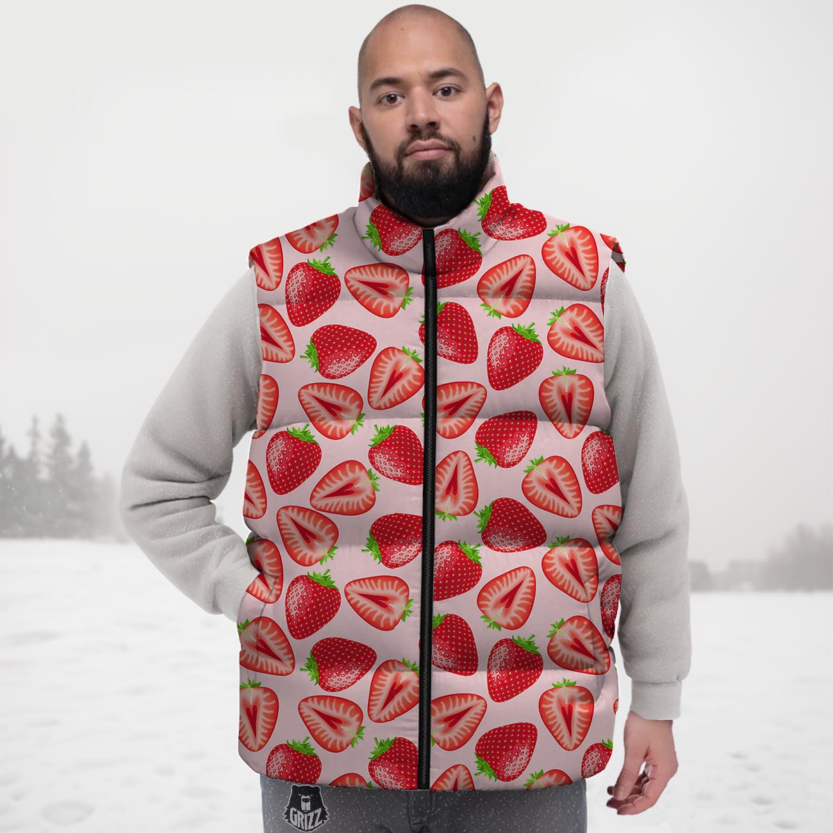 Fruit Strawberry Print Pattern Down Vest-grizzshop