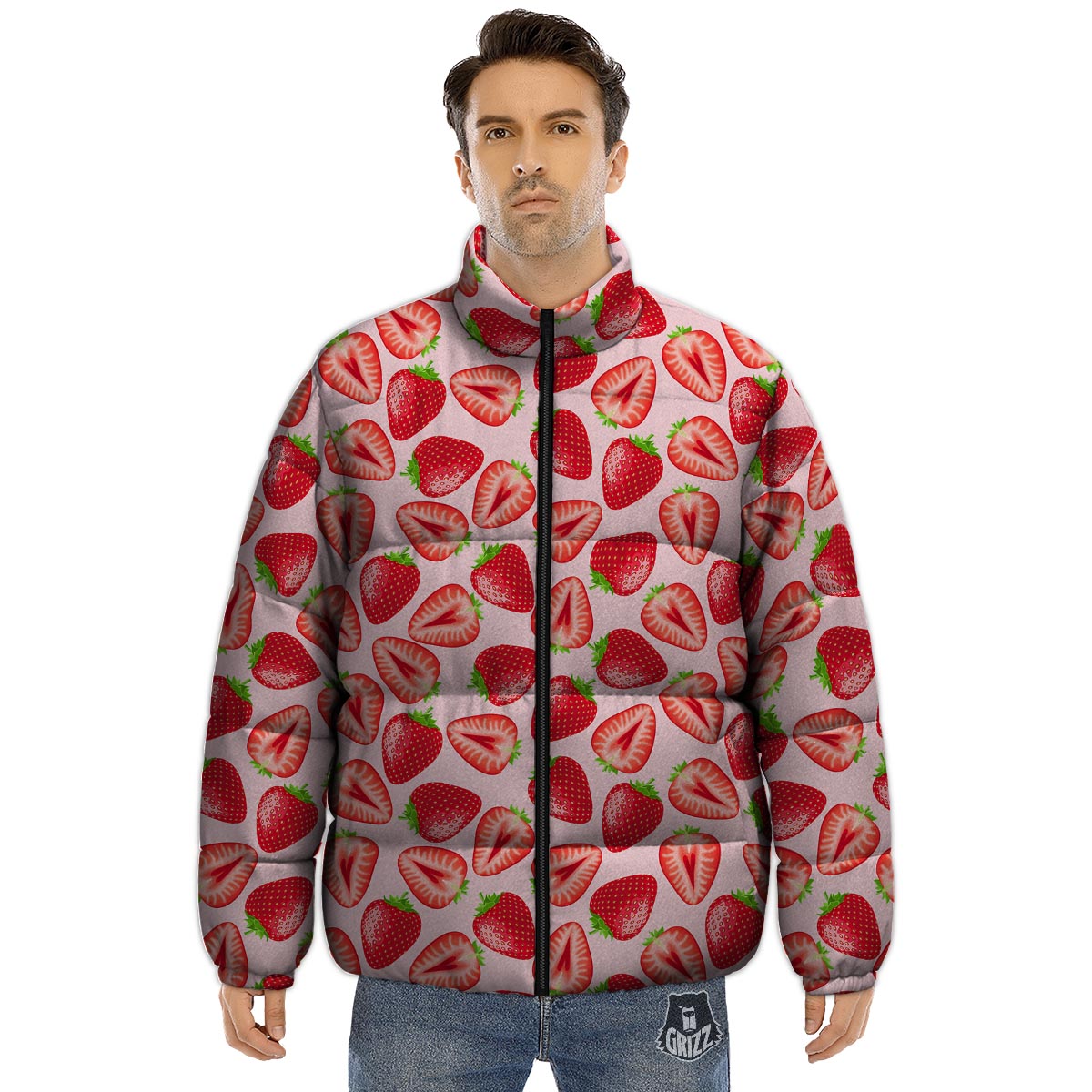 Fruit Strawberry Print Pattern Puffer Jacket-grizzshop