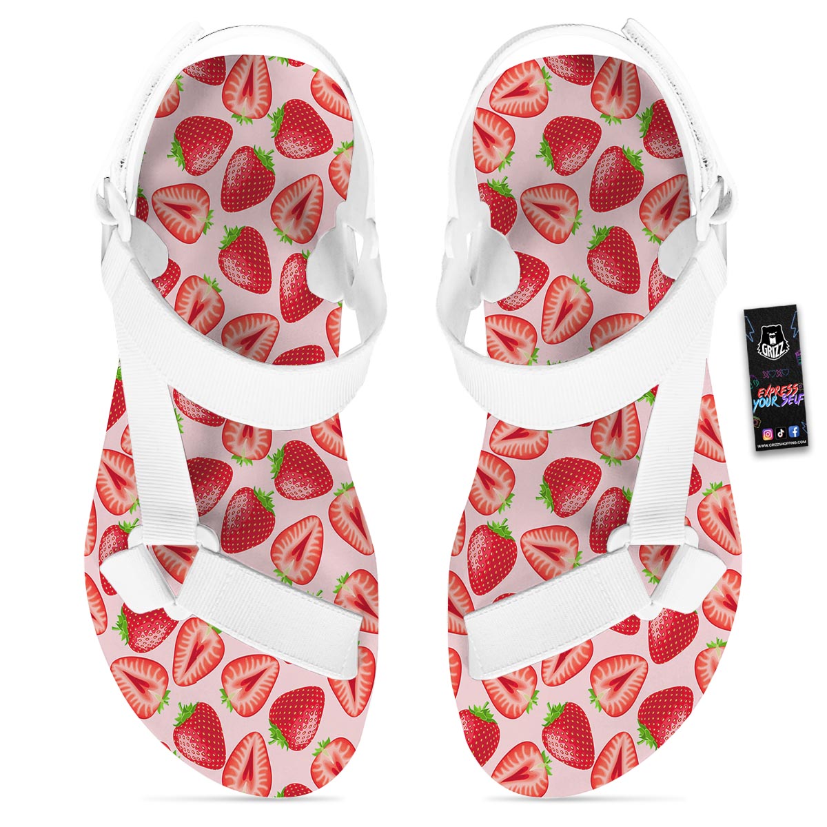 Fruit Strawberry Print Pattern White Open Toe Sandals-grizzshop