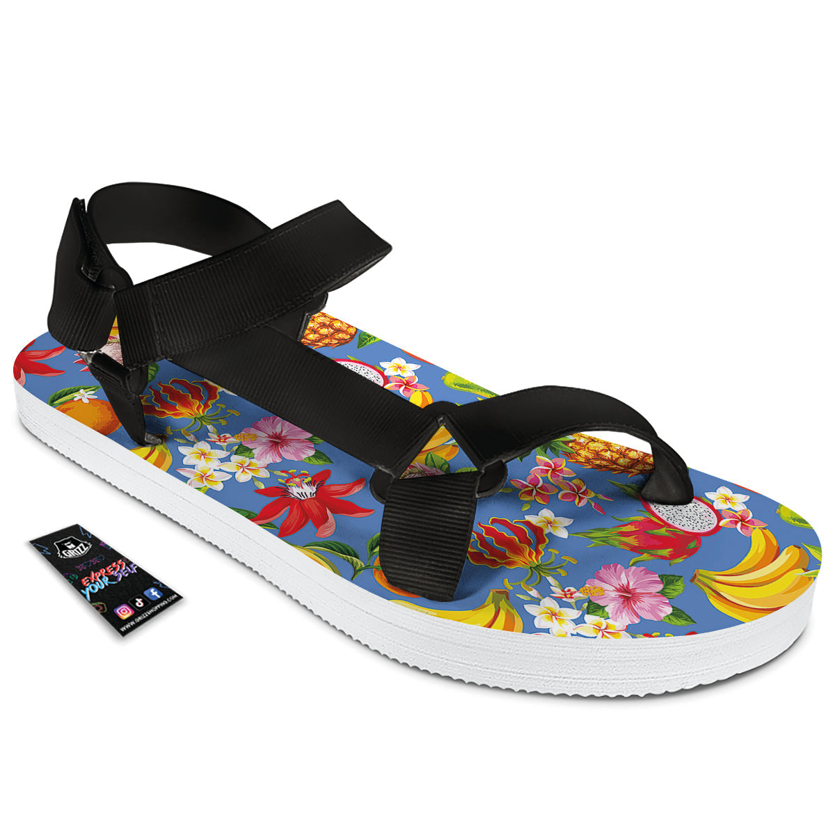 Fruits Aloha Tropical Print Pattern Black Open Toe Sandals-grizzshop