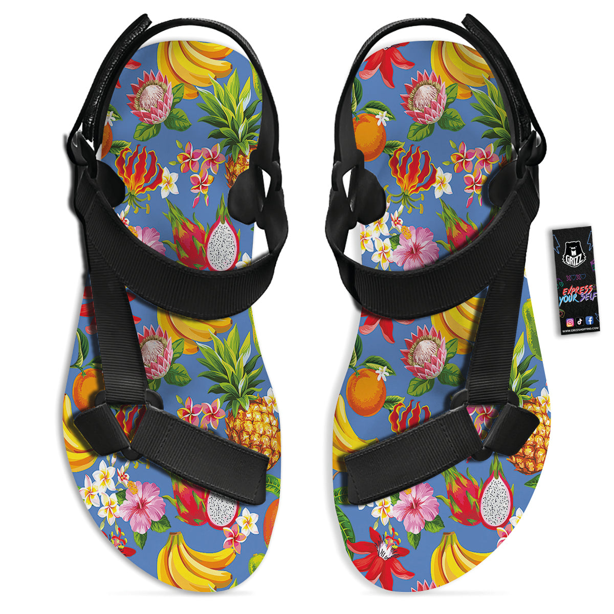 Fruits Aloha Tropical Print Pattern Black Open Toe Sandals-grizzshop