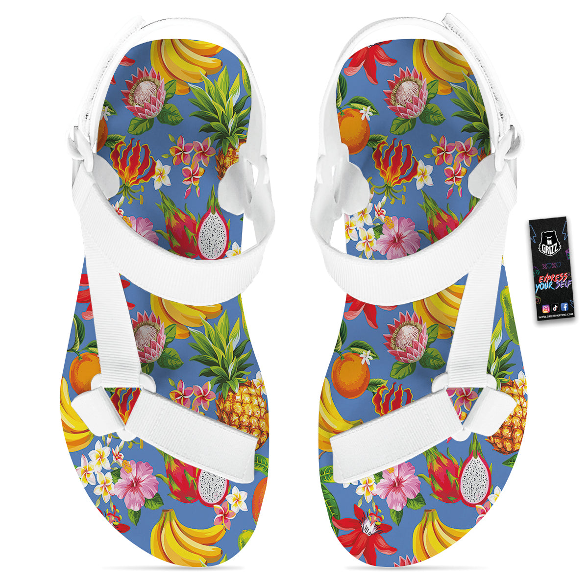 Fruits Aloha Tropical Print Pattern White Open Toe Sandals-grizzshop
