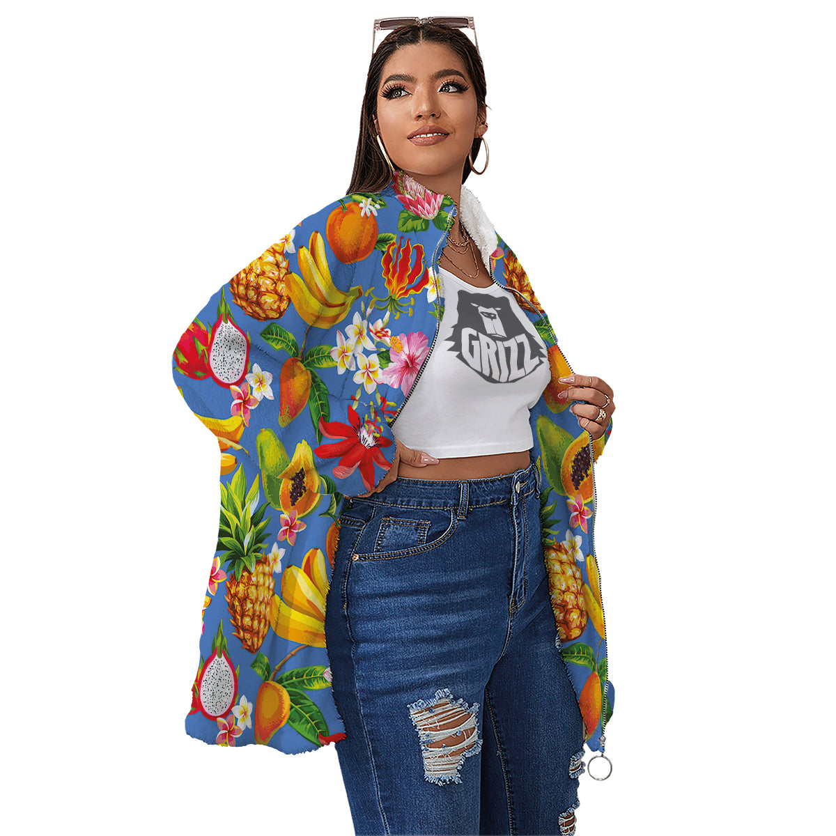Fruits Aloha Tropical Print Pattern Women's Sherpa Jacket-grizzshop