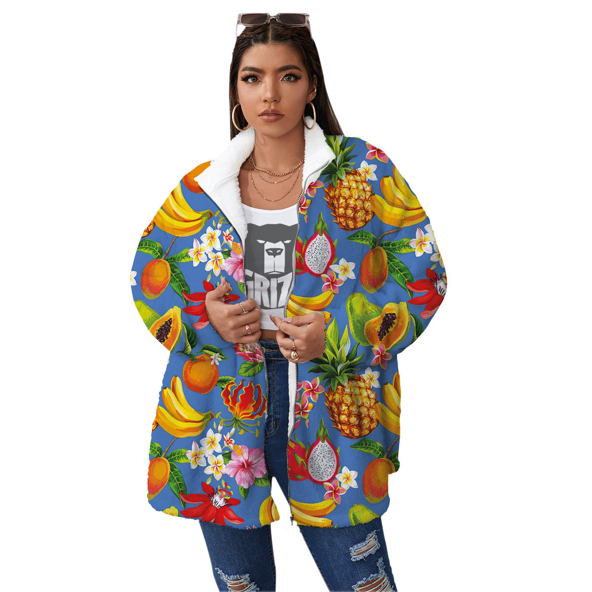 Fruits Aloha Tropical Print Pattern Women's Sherpa Jacket-grizzshop