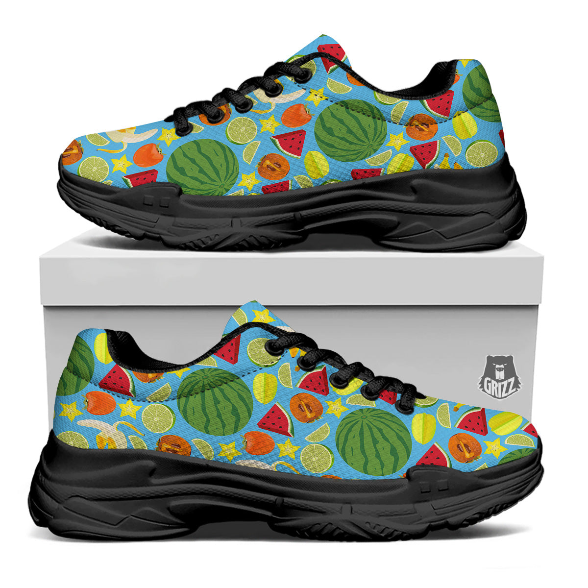 Fruits Depicting Print Pattern Black Chunky Shoes-grizzshop