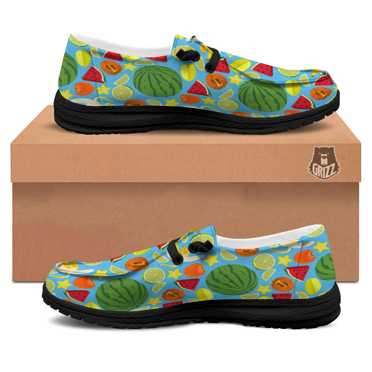 Fruits Depicting Print Pattern Black Loafers-grizzshop