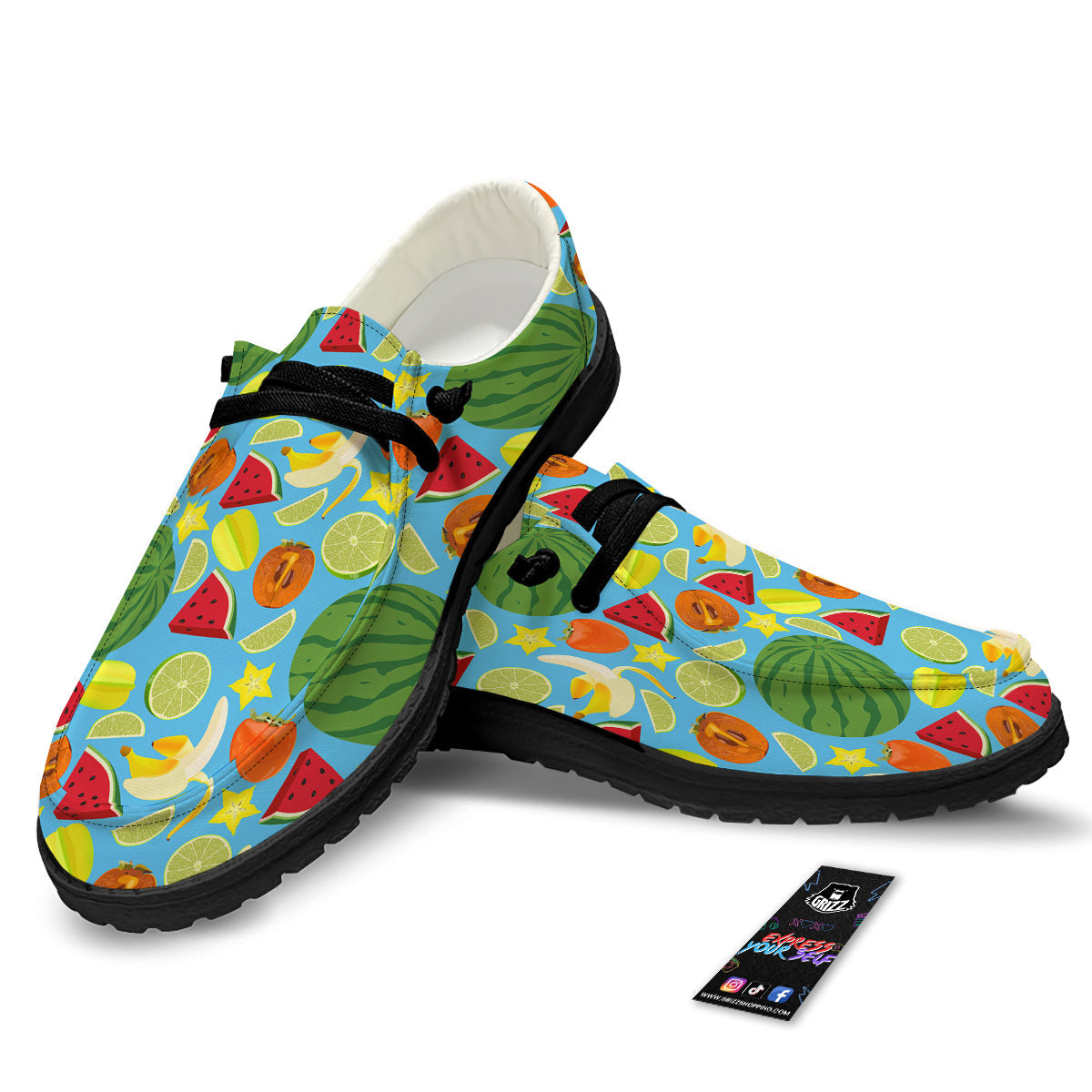 Fruits Depicting Print Pattern Black Loafers-grizzshop