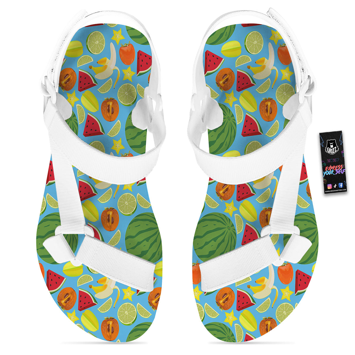 Fruits Depicting Print Pattern White Open Toe Sandals-grizzshop