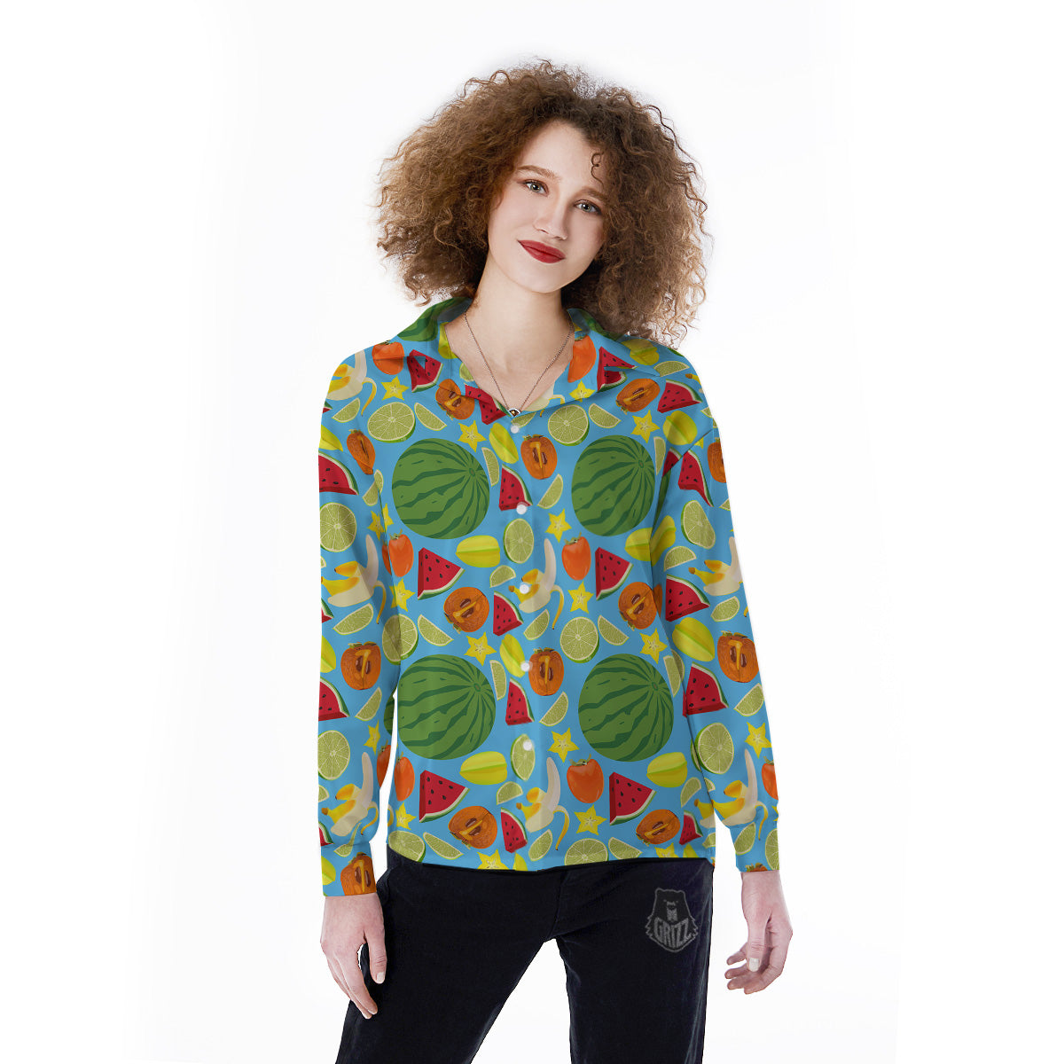 Fruits Depicting Print Pattern Women's Long Sleeve Shirts-grizzshop