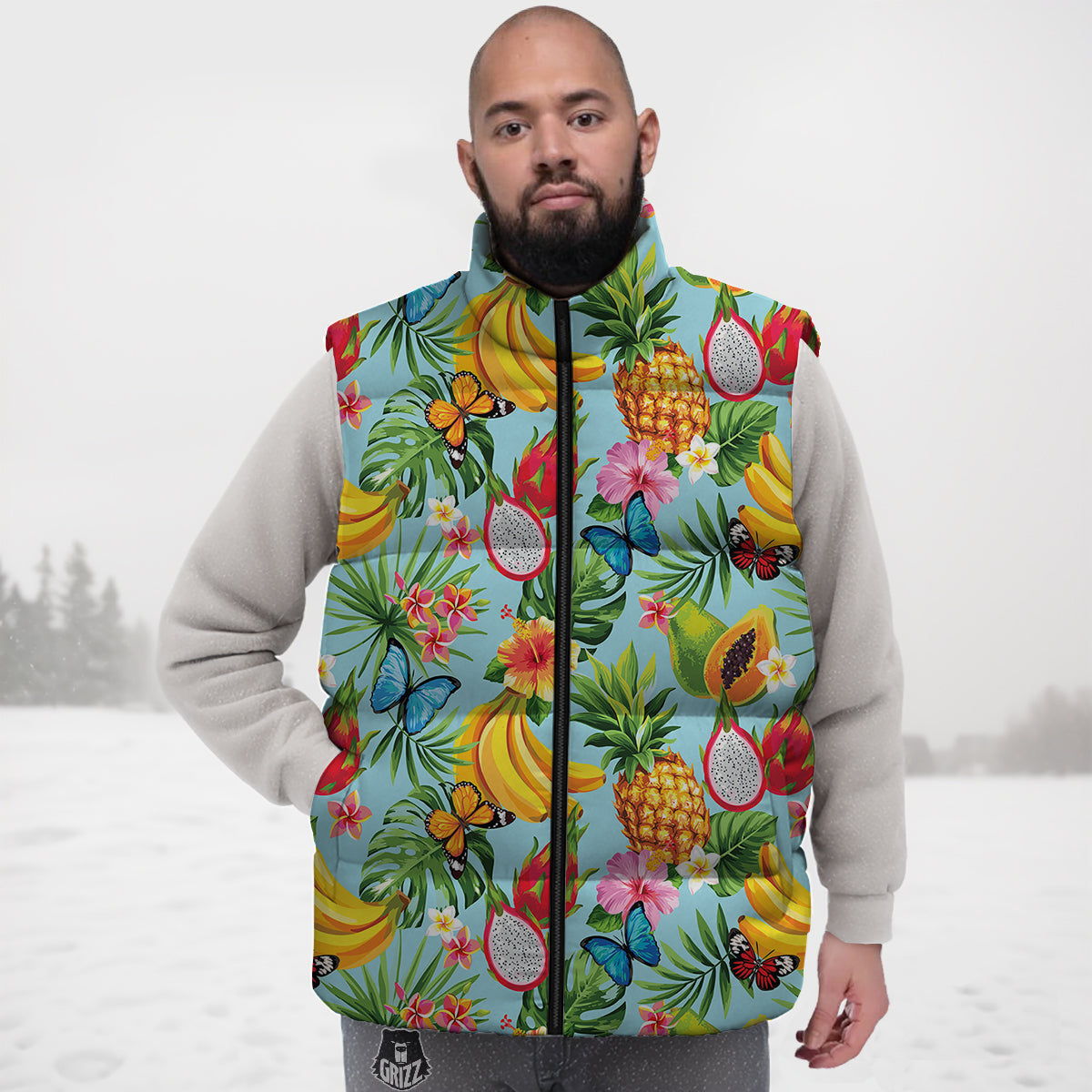 Fruits Jungle Tropical Print Pattern Down Vest-grizzshop