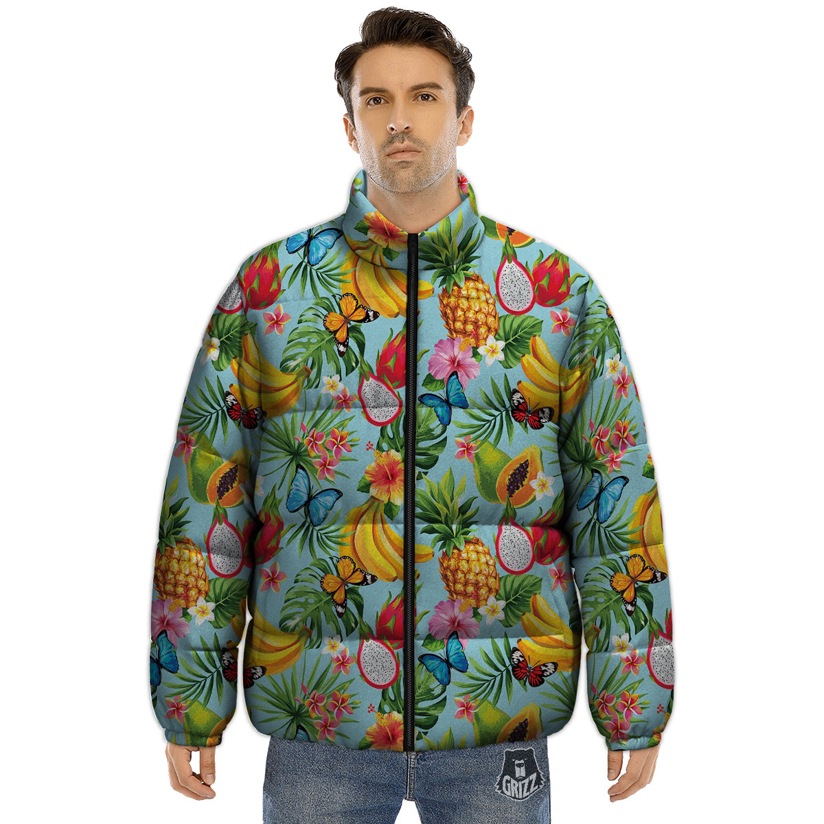 Fruits Jungle Tropical Print Pattern Puffer Jacket-grizzshop