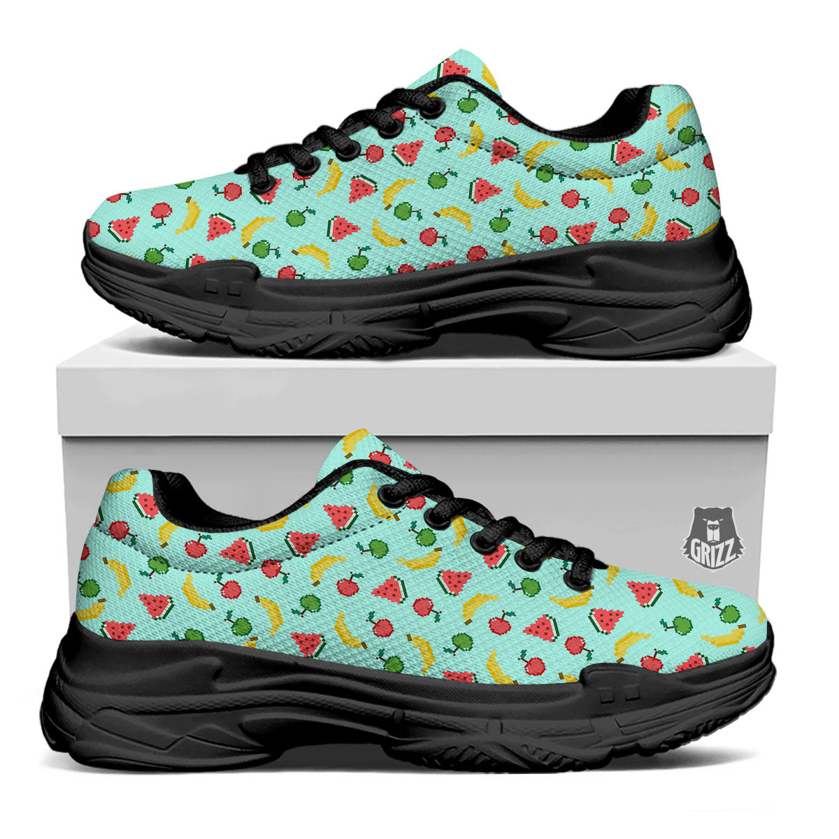 Fruits Pixel Print Pattern Black Chunky Shoes-grizzshop