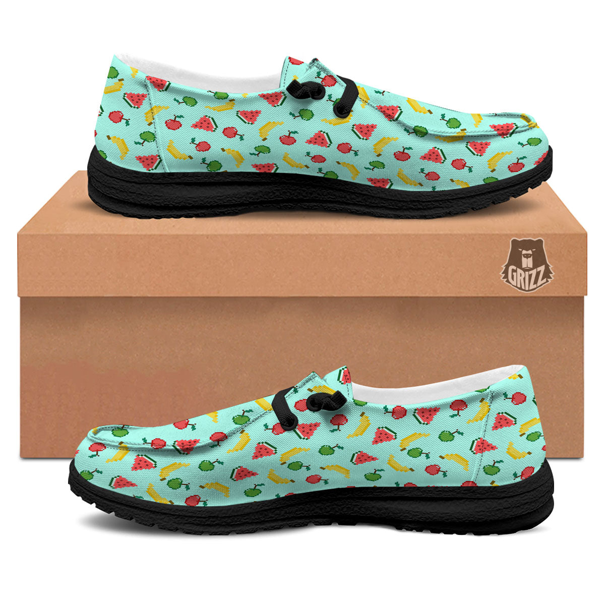Fruits Pixel Print Pattern Black Loafers-grizzshop