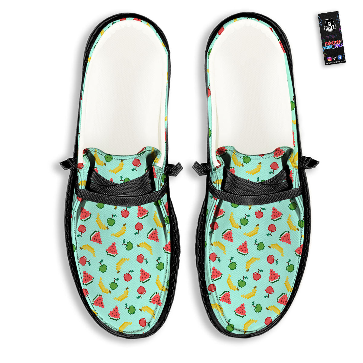 Fruits Pixel Print Pattern Black Loafers-grizzshop