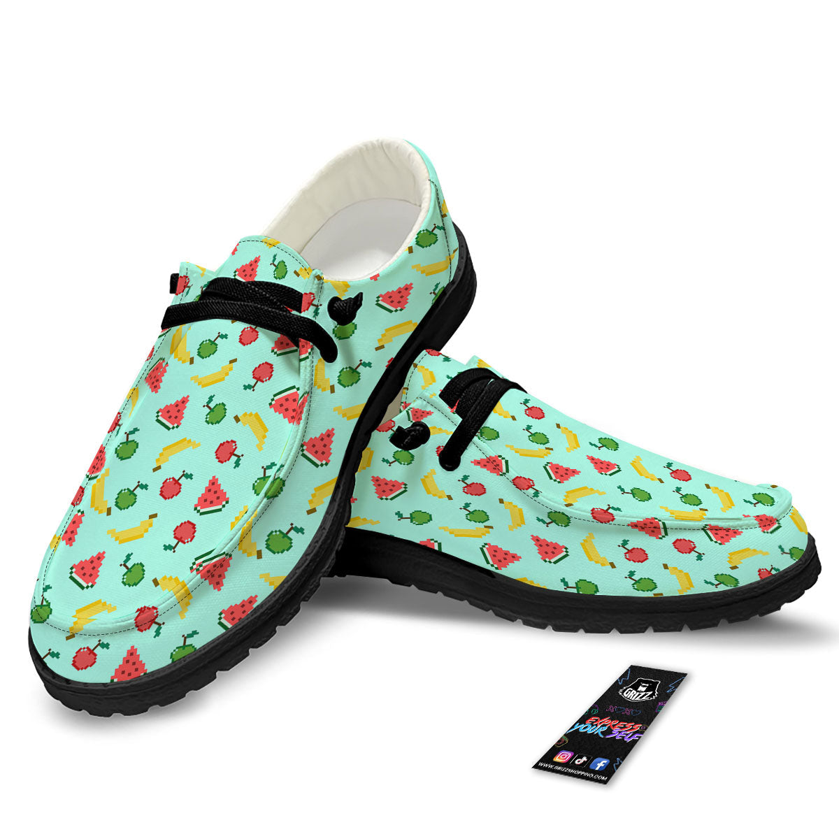Fruits Pixel Print Pattern Black Loafers-grizzshop