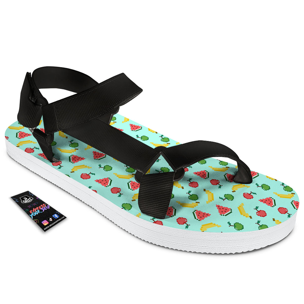 Fruits Pixel Print Pattern Black Open Toe Sandals-grizzshop