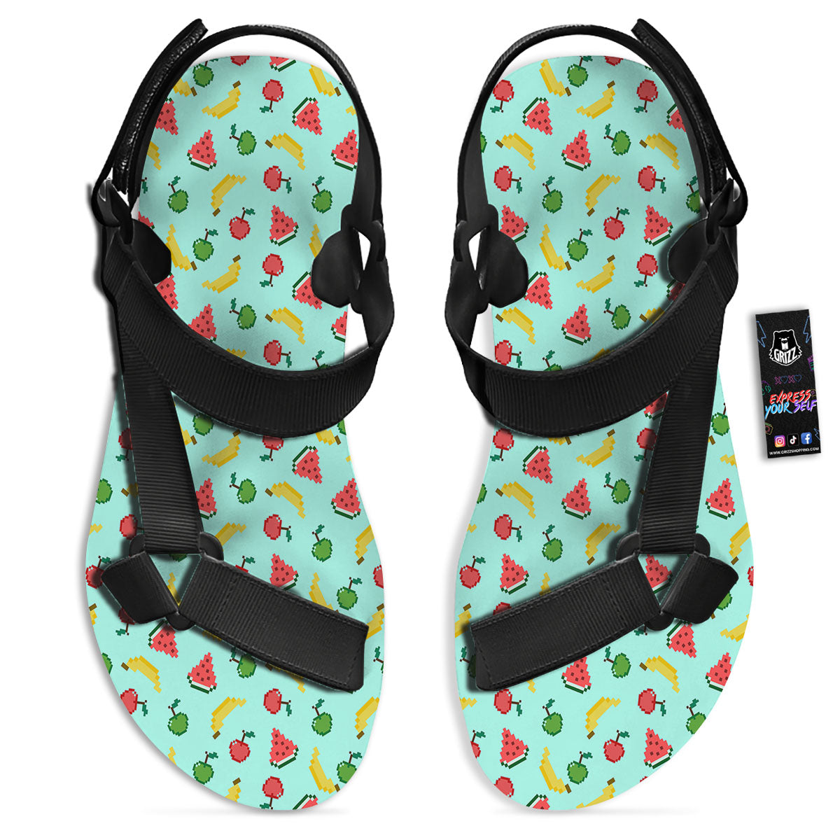 Fruits Pixel Print Pattern Black Open Toe Sandals-grizzshop